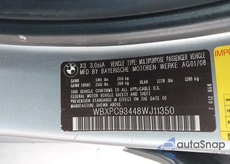 2008 BMW X3 3.0Si z USA, uszkodzony, nr VIN WBXPC93448WJ11350